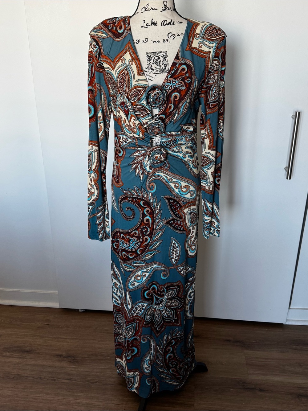 FARM Rio Teal and Brown Paisley Maxi Dress with Rose Accents